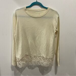 Cream Lace Hem Long Sleeve Cashmere blend Top